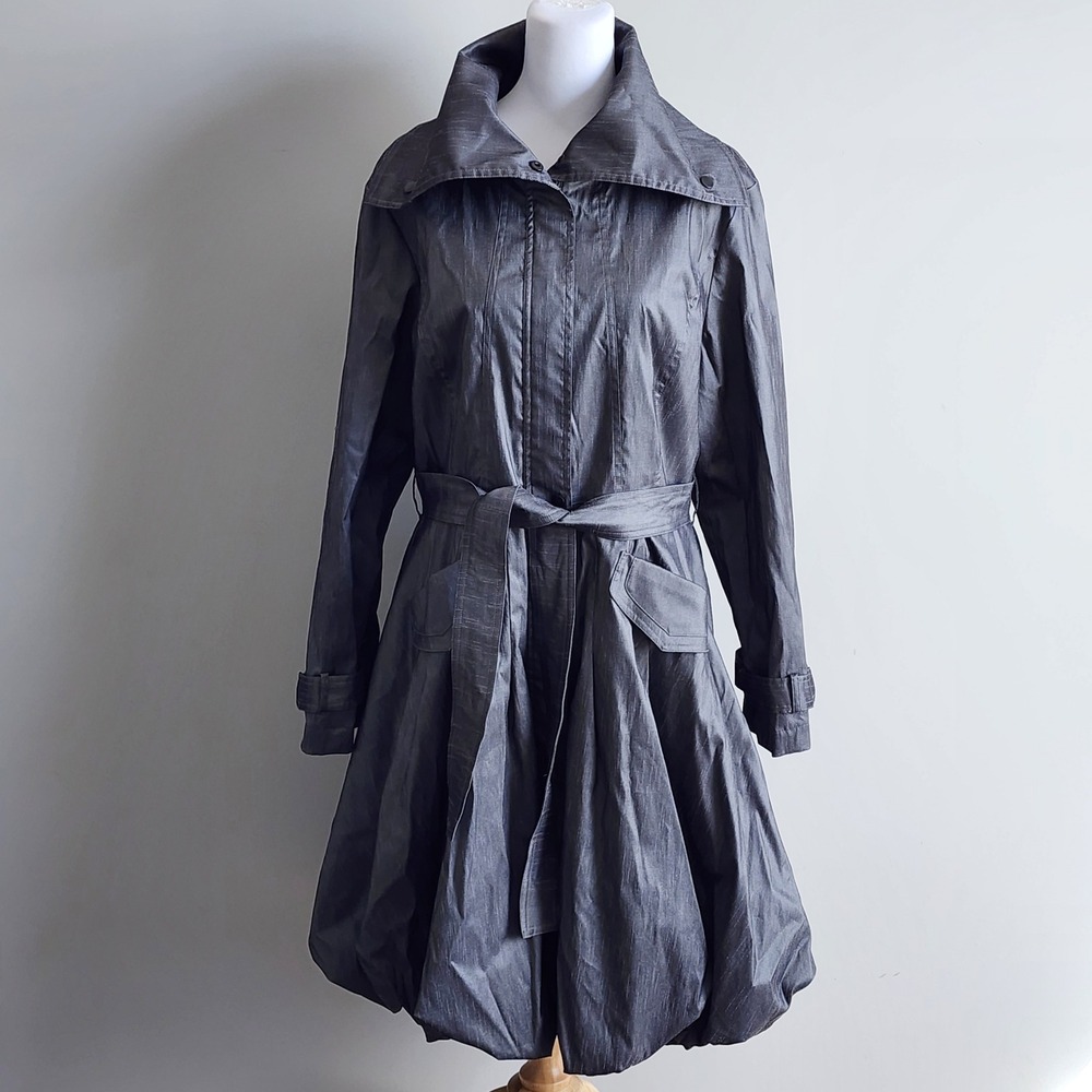 Samuel Dong Trench Coat Womens Large Gray Bubble Hem Belted Avant Garde Modern